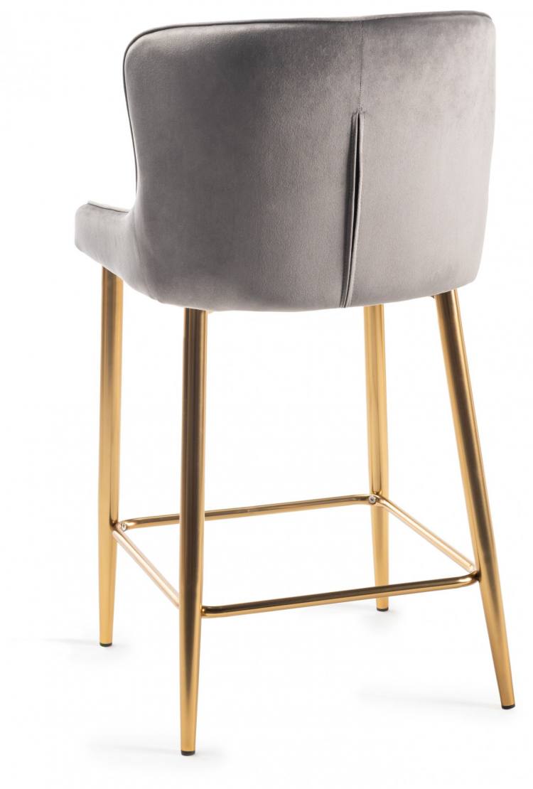 The Bentley Designs Cezanne Grey Velvet fabric Bar Stools with Matt Gold Plated Legs View of the back of the bar stool