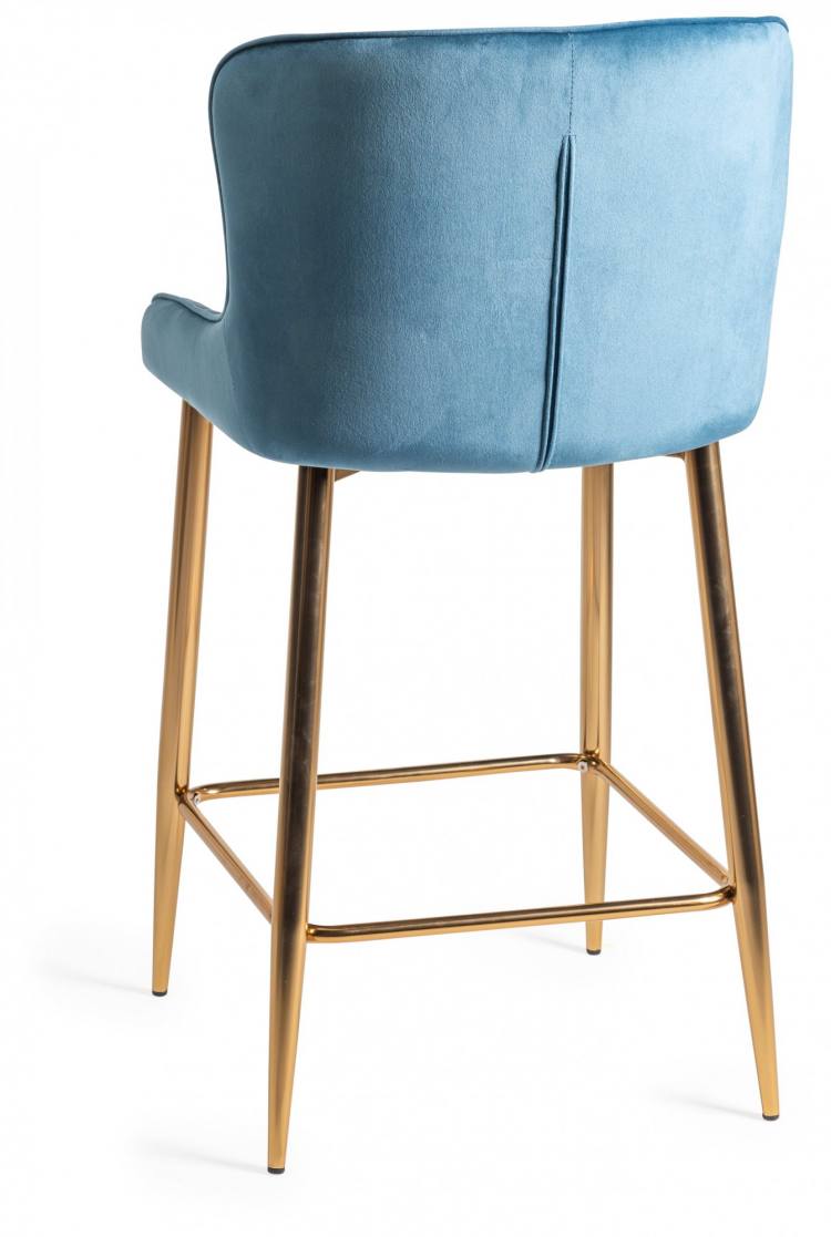 Back of the Bentley Designs Cezanne Petrol Blue Fabric Bar Stools with Matt Gold Plated Legs 