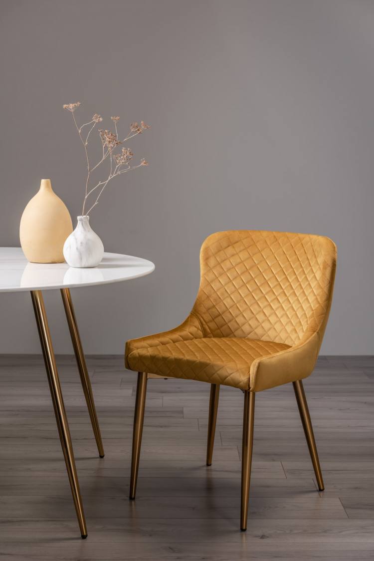 Bentley Designs Cezanne Mustard Velvet Fabric Chairs with Matt Gold Plated Legs 