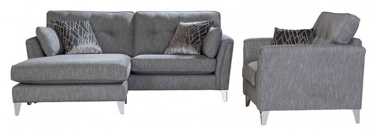 4 seater chaise sofa and chair in fabric 0885, scatter cushions in 0095, chrome legs. 