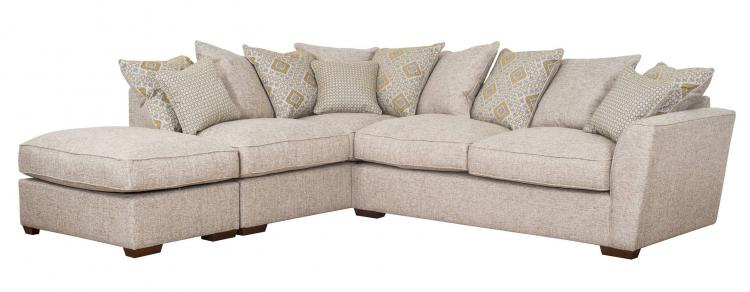 Ramsey Pebble with 5 pillows in Natty Gold and 4 in main fabric, and scatter cushions in Natty Diamond Gold