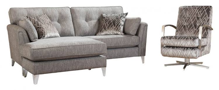 4 seater chaise sofa in fabric 0885, large scatter cushions in 0095, chrome legs. Swivel chair in fabric 0095.