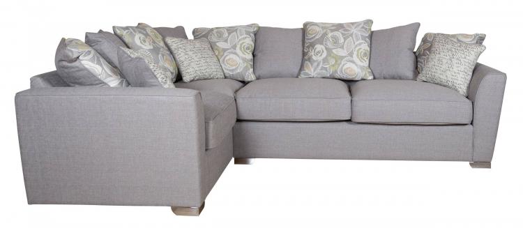 Barley Grey with 5 pillows in Camelia Winter, 4 pillows in main fabric and scatter cushions in Script Grey