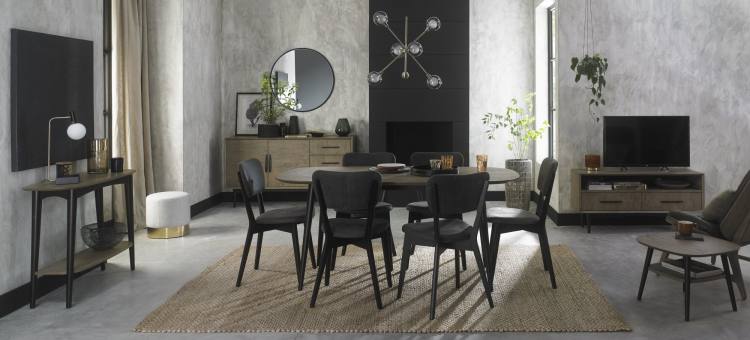 Bentley Designs Vintage Weathered Oak Collection on Display with Dark Grey Fabric Chairs 