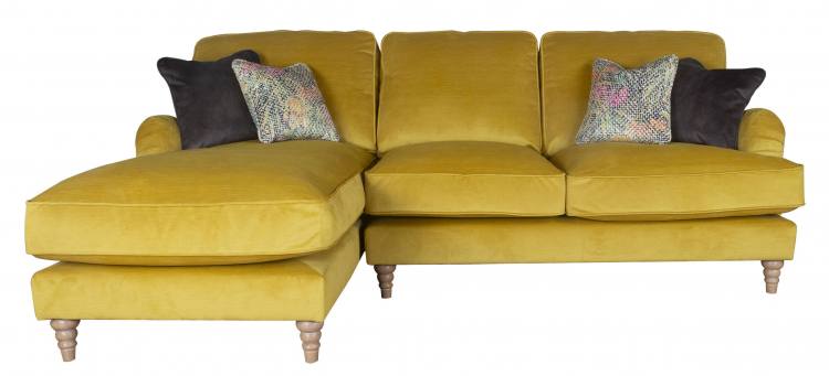 Pictured in Jedi Mustard, scatter cushions in Sublime Asphalt and Courture Multi and Limed Oak Turned legs