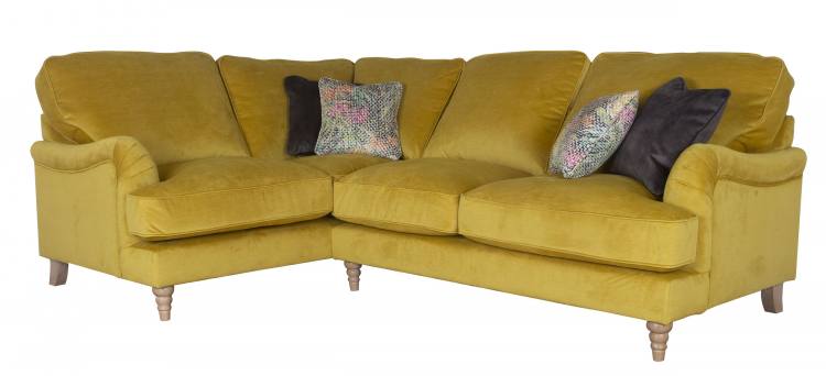 Pictured in Jedi Mustard, scatter cushions in Sublime Asphalt and Courture Multi and Limed Oak Turned legs