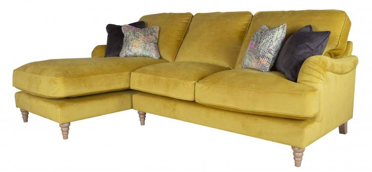 Pictured in Jedi Mustard, scatter cushions in Sublime Asphalt and Courture Multi and Limed Oak Turned legs