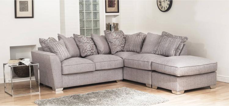Barley Silver with 5 pillows in Lotty Silver and 4 in main fabric; and scatter cushions in Script Grey