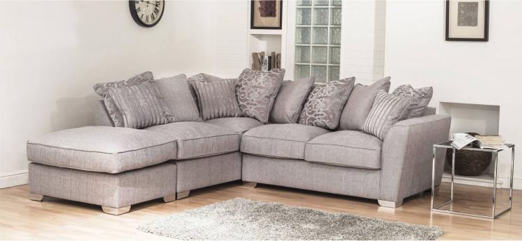 Barley Silver with 5 pillows in Lotty Silver and 4 in main fabric; and scatter cushions in Script Grey