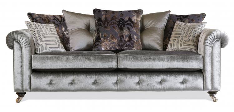 Pictured in in fabric 1437, 3 pillows in 1305, 2 pillows (with button detail) in 1018, small scatter cushions in 1148, smokey oak/ satin nickel castor legs