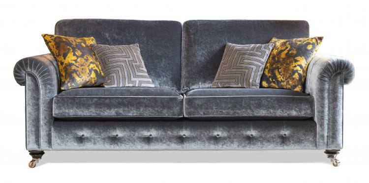 Pictured in fabric 1439, large scatter cushions in 1303, small scatter cushions in 1147, ebony/polished chrome castor legs.