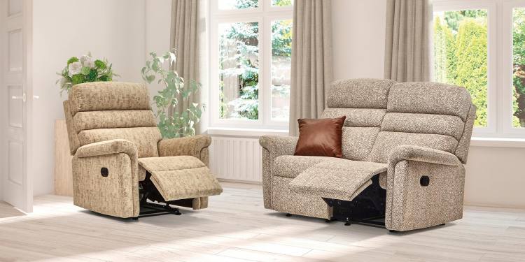 Manual catch recliner chair & 2 seater recliner sofa with optional leather scatter cushion 