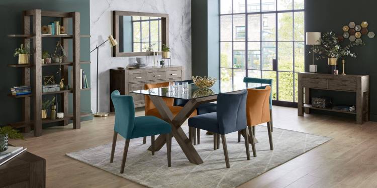 The Bentley Designs Turin Dark Oak Low Back Uph Chairs in Dark Blue, Harvest Pumpkin and Sea Green 