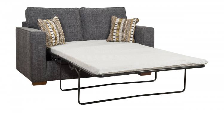 Buoyant Chicago 2 seater sofabed pictured in Barley Graphite with Picasso Stripe Beige scatter cushions and Mid Oak feet