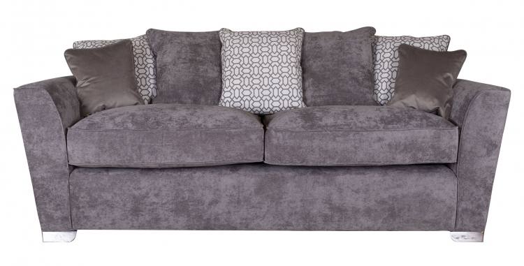 Pictured in Kingston Grey with 3 pillow back cushions in Salute Pattern Silver, scatter cushions in Festival Silver and Chrome feet 