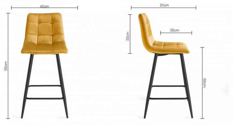 Measurements for the Bentley Designs Mondrian Mustard Velvet Fabric Bar Stools with Sand Black Powder Coated Legs (Pair)  