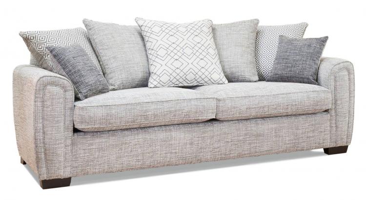Alstons Memphis Grand pillowback sofa shown in fabric 7648 with 2 pillows in fabric 7388, 2 pillows in fabric 7648, 1 pillow in fabric 7388 and small scatter cushions in fabric 7642. Light feet
