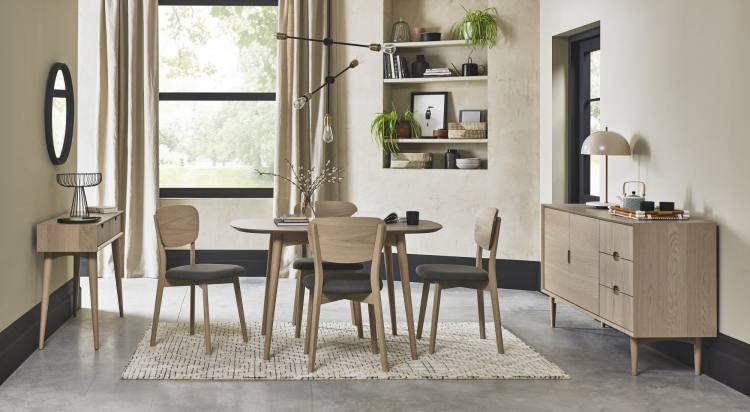 Bentley Designs Dansk Scandi Oak 4 Seater Table on Display with Veneer Back Chairs 