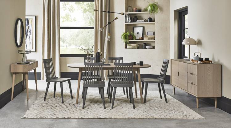 Bentley Designs Dansk Scandi Oak 6 Seater on Dispay with Dark Grey Spindle Chairs