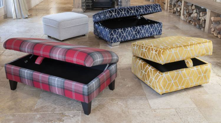 Left to right: Legged Ottoman in fabric 1621, dark legs. Footstool in fabric 1888 (supplied on glides). Ottoman in fabric 1032, chrome feet. Storage stool in fabric 1033 (supplied on glides).