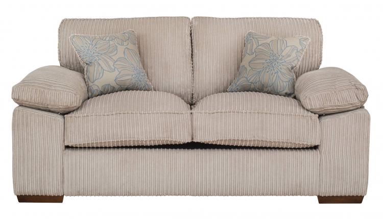 Sofabed viewed closed in fabric Cord Fawn with Peony Aqua scatter cushions
