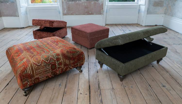 Square stool in fabric 5001. Storage stool in fabric 5491, Footstool in fabric 5771. Legged Ottoman in fabric 5770.