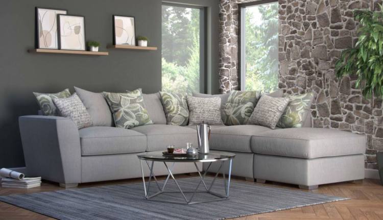 Pictured in Barley Silver with Camelia Winter pillow back cushions, Script Grey scatter cushions and Mid Oak feet
