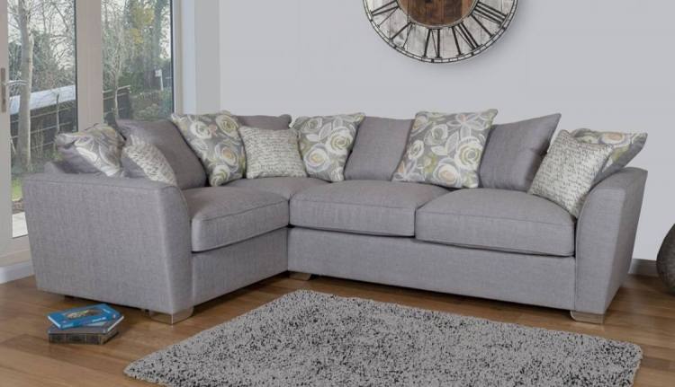 Pictured in Barley Silver with 5 pillows in same fabric, 4 pillows in Camelia Winter and scatter cushions in Script Grey 