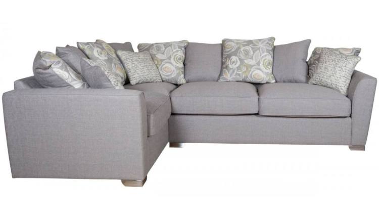 Pictured in Barley Silver with 5 pillows in same fabric, 4 pillows in Camelia Winter and scatter cushions in Script Grey 