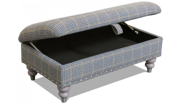 Alstons Cleveland legged ottoman in fabric 2487, grey ash/brushed nickel legs and optional pewter studding.
