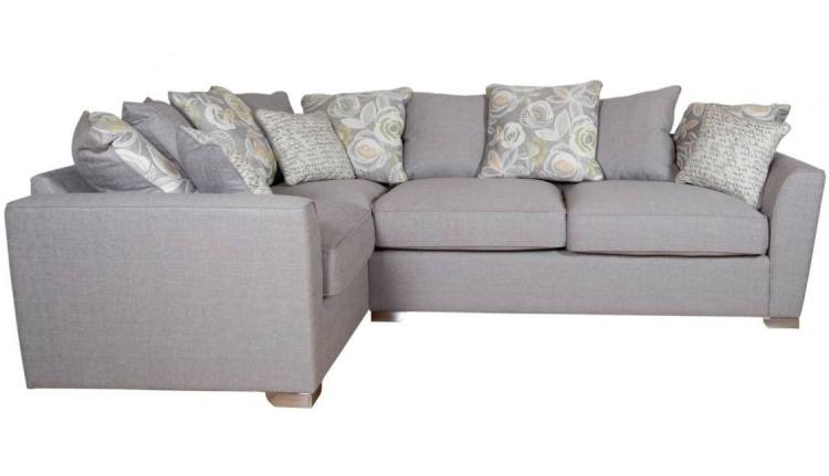 Pictured in Barley Silver with 5 pillows in same fabric, 4 pillows in Camelia Winter and scatter cushions in Script Grey 