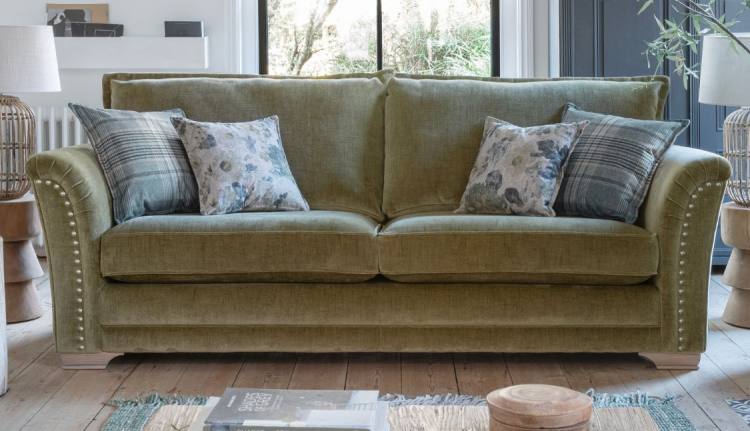 Alstons Evesham grand standard back sofa shown in fabric 4629 with scatters in 4277 and 4120