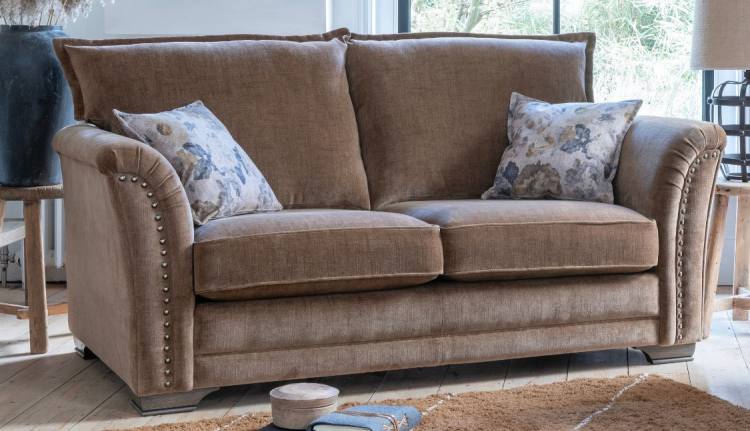 Alstons Evesham 2 seater standard back sofa in fabric 4628, small scatter cushions in 4123, antique ash feet