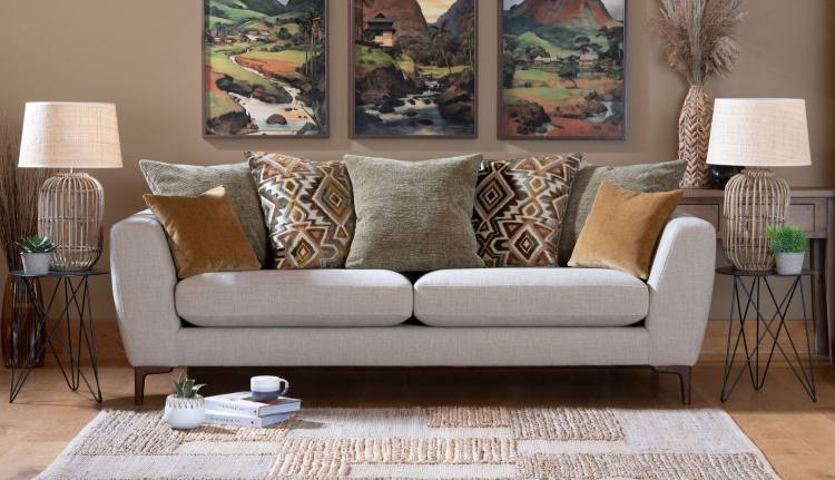 Inka grand pillow back sofa in main fabric cover 5908, Cushion fabrics 5133, 5613 & 5710.
