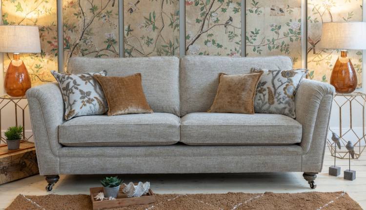 Grand standard back sofa in fabric 5718, large scatter cushions in 5118, small scatter cushions in 5593