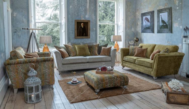 3 seater standard back sofa in fabric 5933, large scatter cushions in fabric 5000, small scatter cushions in 5493