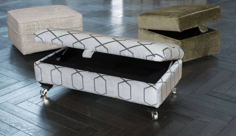 Footstool in fabric 2868 (supplied on glides), Legged ottoman in fabric 2258, ebony/polished chrome castor legs (FM2), Storage stool in fabric 2790 (supplied on glides).
