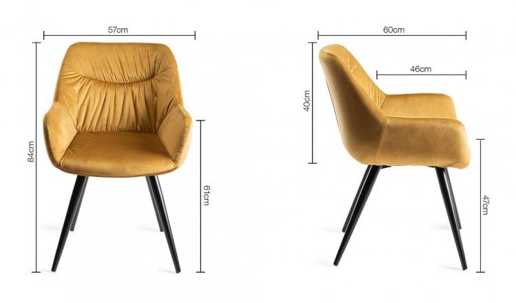 Measurements for the Bentley Designs Dali Mustard Velvet Fabric Chair with Black Powder Coated Legs 