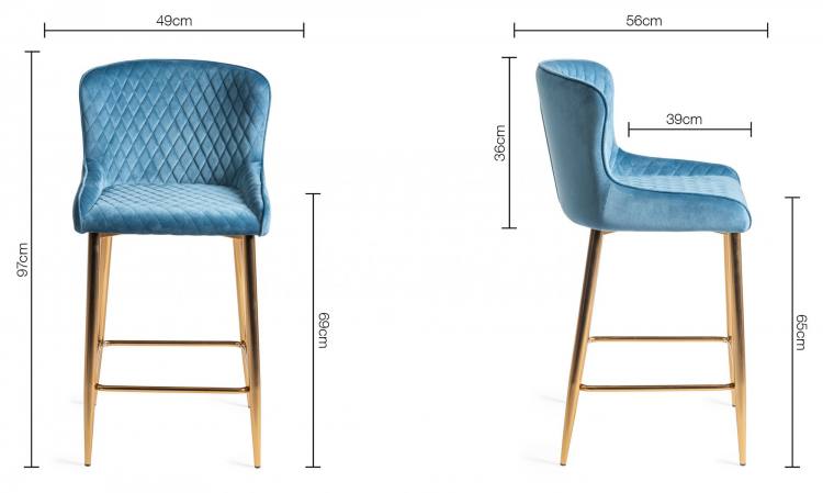 Measurements for the Bentley Designs Cezanne Petrol Blue Fabric Bar Stools with Matt Gold Plated Legs (Pair)