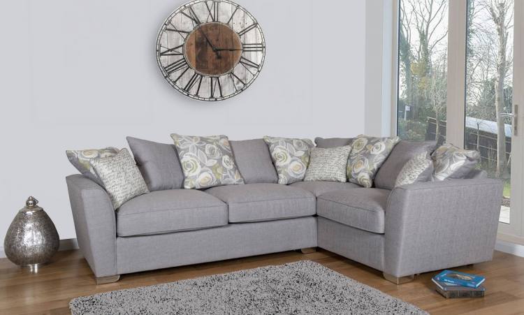 Pictured in Barley Silver with 5 pillows in same fabric, 4 pillows in Camelia Winter and scatter cushions in Script Grey