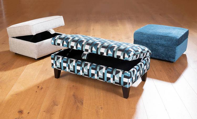 Storage stool in fabric 0738 (supplied on glides), Legged Ottoman in fabric 0142, dark legs, Footstool in fabric 0732 (supplied on glides).