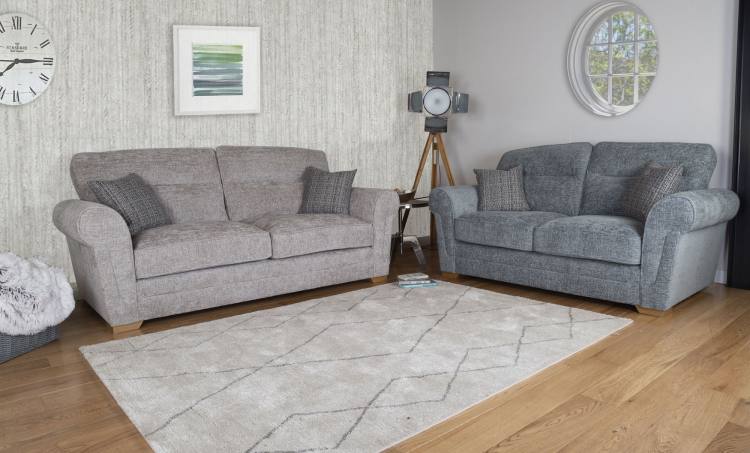 3 seater sofa pictured in Kurt Dove and 2 seater sofa in Kurt Lagoon. Both sofas with Bead Ocean cushions and Oak feet