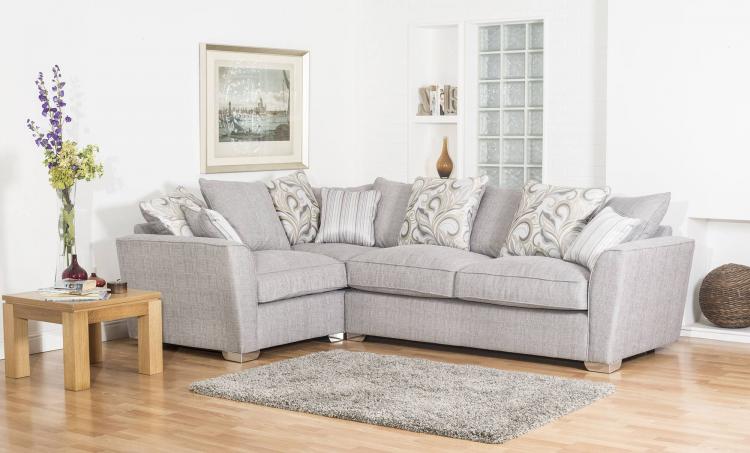 Barley Silver with 5 pillows in main fabric, 4 pillows in Viktor Pattern Natural and scatters in Viktor Stripe Natural