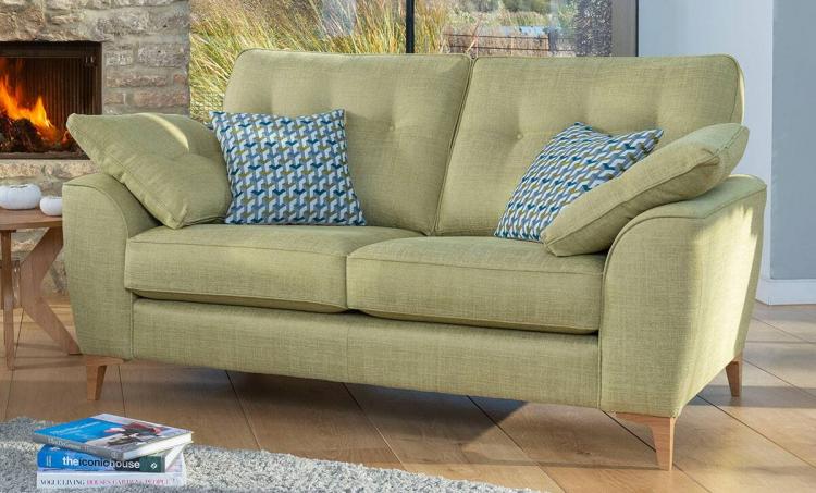 Savannah 2 seater sofa shown in fabric 9500, small scatter cushions in 9000, light oak legs.