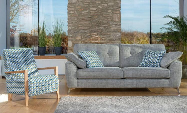 Grand sofa in fabric 9507 with large scatter cushions in 9000. Accent chair in fabric 9000