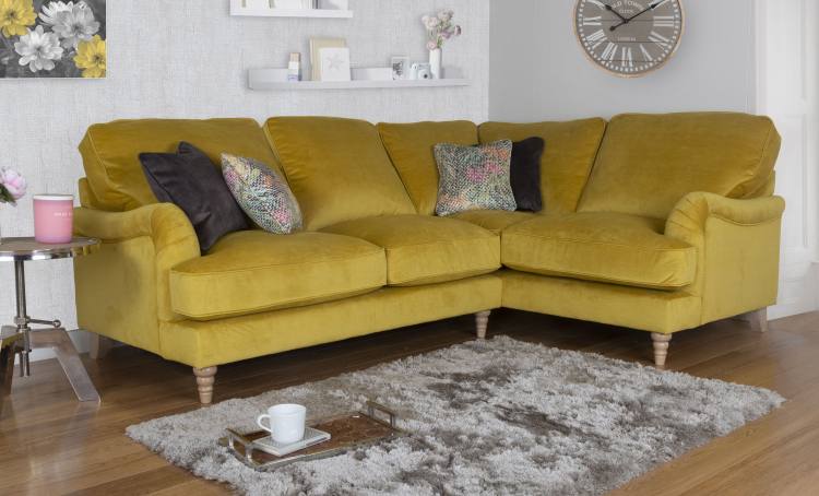 Pictured in Jedi Mustard, scatter cushions in Sublime Asphalt and Courture Multi and Limed Oak Turned legs
