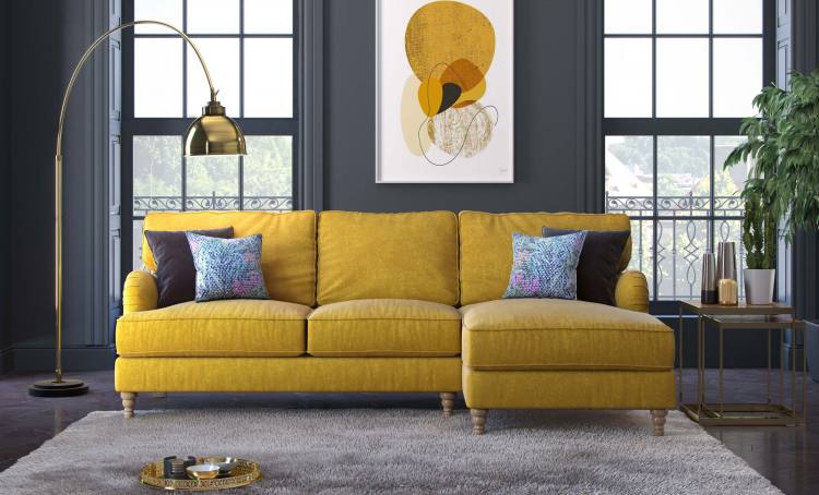 Pictured in Jedi Mustard, scatter cushions in Sublime Asphalt and Courture Multi and Limed Oak Turned legs