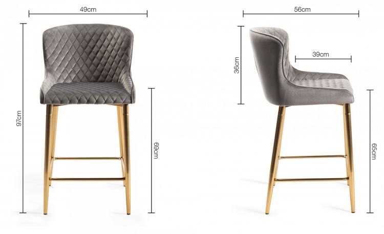 Meaurements for the the Bentley Designs Cezanne Grey Velvet Fabric Bar Stools with Matt Gold Plated Legs 