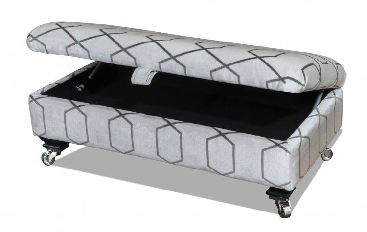 Alstons Fleming Legged ottoman pictured in fabric 2258, ebony/polished chrome castor legs (FM2)