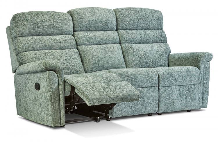Recliner sofa with Manual catch operation in Broadway Lagoon fabric on castors 